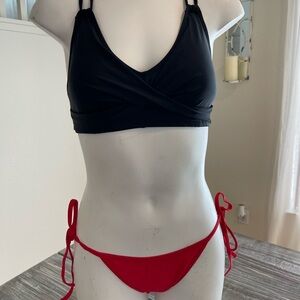 Bikini Set Black Twist V Neck Top, Red Bottoms with String Ties  Sides Size Med